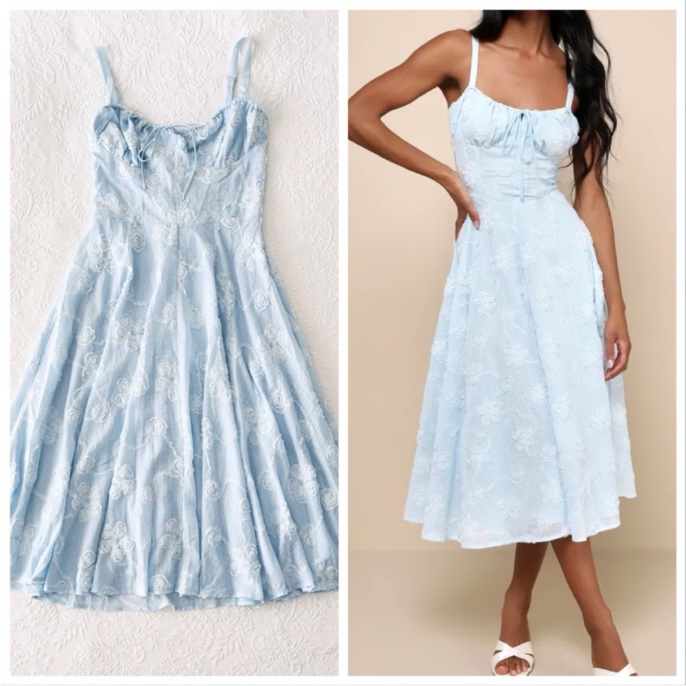 NWOT Lulus Darling Confidence Light Blue Rosette Bustier Lace-Up Midi Dress XXL